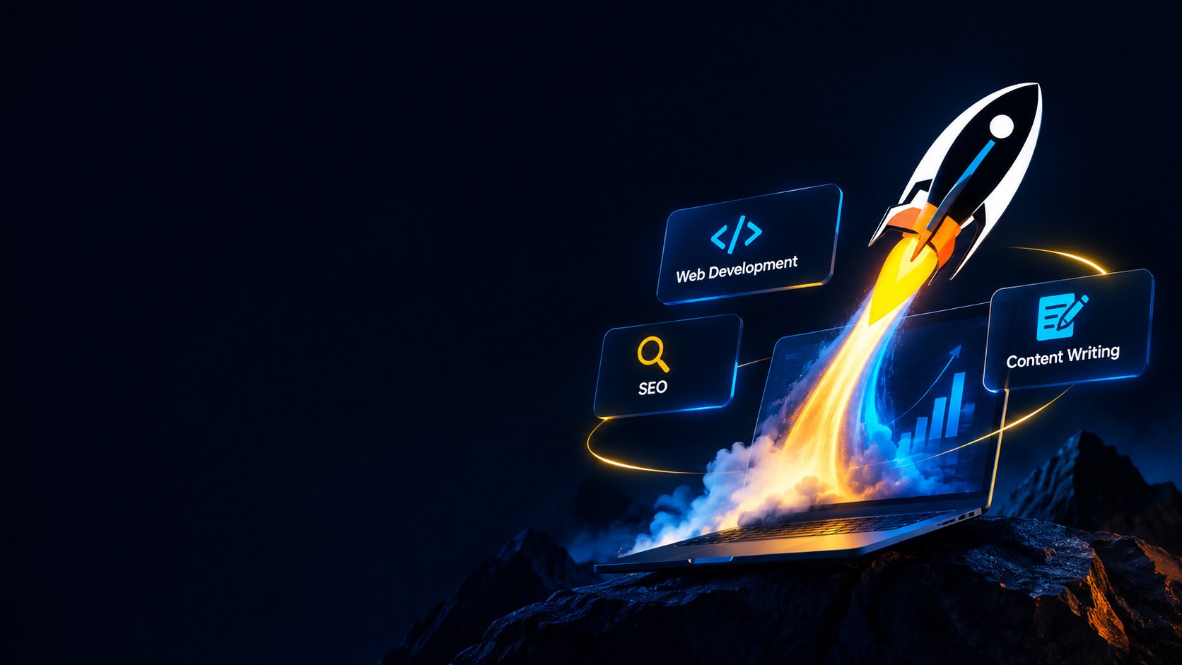 Rocket launching from a laptop with Web Development, SEO and Content Writing cards